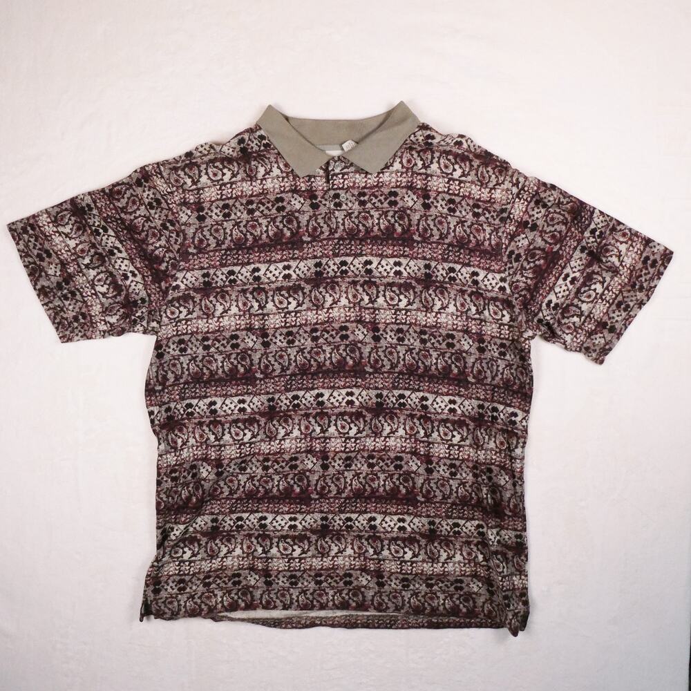 Vintage Fieldmaster Cotton & Linen Polo Shirt Size XL Tall Geometric Red & Tan